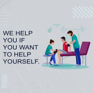 Illustration of a physical therapist assisting a patient with knee rehabilitation.