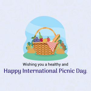 Picnic basket with food and fruits on a blue background with text wishing a happy International Picnic Day