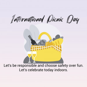 Illustration of a picnic basket with wine and glasses, promoting indoor celebration for International Picnic Day.