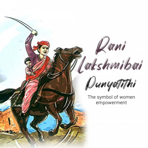 Illustration of Rani Lakshmibai riding a horse with a sword raised