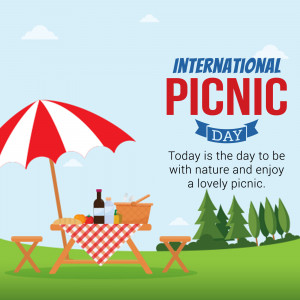 Illustration of a picnic scene with a red and white umbrella, picnic basket, and checkered tablecloth.