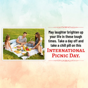Family enjoying a picnic on a sunny day with a text overlay wishing a happy International Picnic Day.