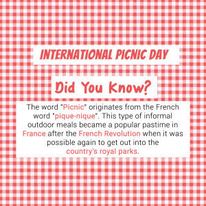 International Picnic Day graphic with a fun fact about the origin of the word 'picnic'.