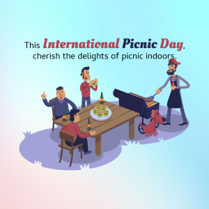 Illustration of people enjoying an indoor picnic with food and a grill.