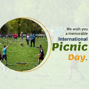 People enjoying a picnic in a park with text wishing a memorable International Picnic Day.