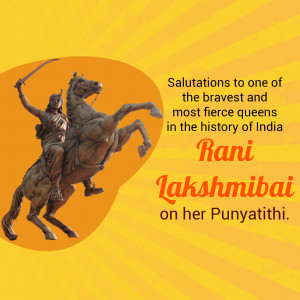 Statue of Rani Lakshmibai on horseback with a yellow background and text commemorating her Punyatithi.