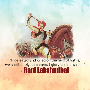 Illustration of Rani Lakshmibai on horseback with a sword, leading an army.