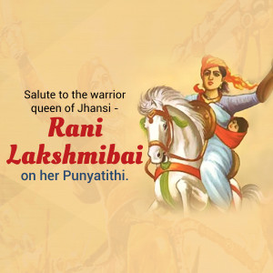 Illustration of Rani Lakshmibai riding a horse with a child on her back.