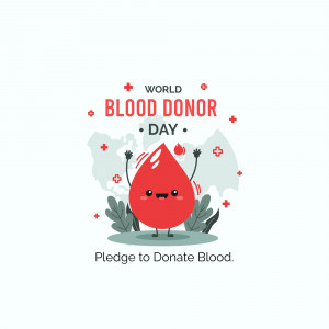 Cute cartoon blood drop character celebrating World Blood Donor Day