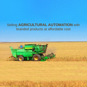 Combine harvester working in a wheat field with text overlay 'Selling AGRICULTURAL AUTOMATION with branded products at affordable cost'