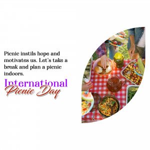 A picnic spread with food and drinks on a red checkered blanket, with text celebrating International Picnic Day.