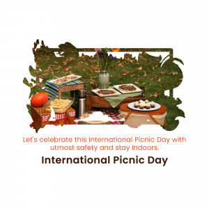An illustrated picnic spread with food and decorations, promoting an indoor picnic for International Picnic Day.
