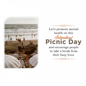 Image promoting mental health on International Picnic Day with people enjoying a beach picnic.