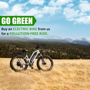 Electric bike in a field with mountains in the background promoting eco-friendly transportation.