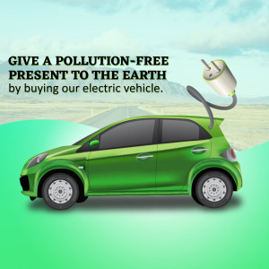 Green electric car with a charging cable, promoting pollution-free transportation.