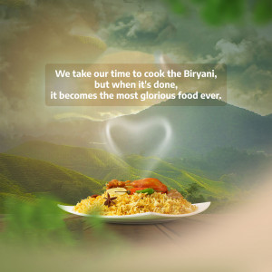 Biryani dish with a scenic mountain background and a heart-shaped smoke effect.
