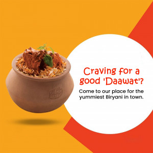 Biryani in an earthen pot with text 'Craving for a good Daawat?'
