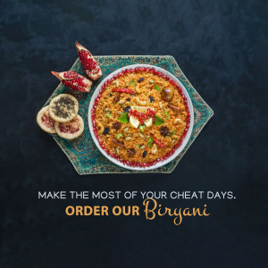 A top-down view of a plate of Biryani garnished with pomegranate seeds and figs.