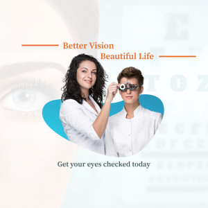 Two optometrists performing an eye exam on a patient with an eye chart in the background.