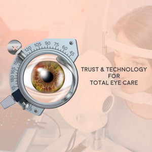 Close-up of an eye being examined with a medical instrument, representing advanced eye care technology.