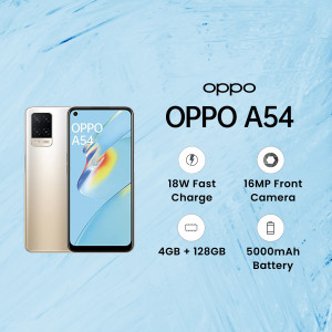 OPPO A54 smartphone with key features displayed