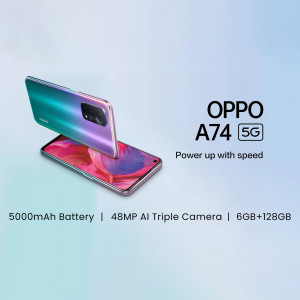 OPPO A74 5G smartphone with gradient color and specifications
