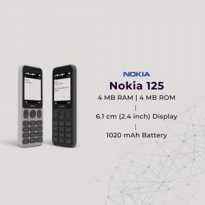 Two Nokia 125 phones, one silver and one black, displayed with specifications.