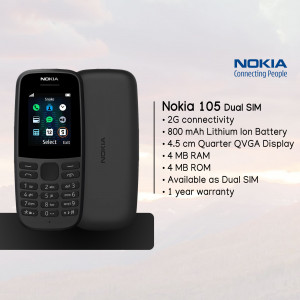 Black Nokia 105 Dual SIM mobile phone with specifications listed