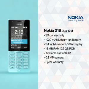 Nokia 216 Dual SIM mobile phone in light blue color