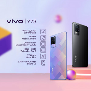 Vivo Y73 smartphone in blue and black colors with key features listed