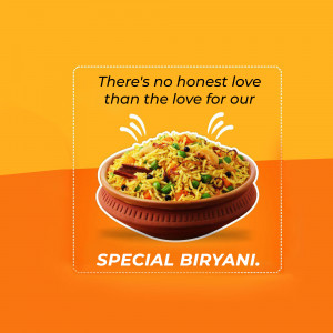Close-up of a delicious biryani dish with text overlay promoting a special offer.