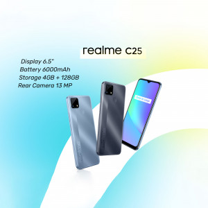 Realme C25 smartphone with specifications displayed