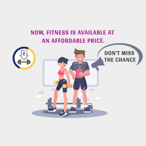 Illustration of a man and woman exercising with a message about affordable fitness.