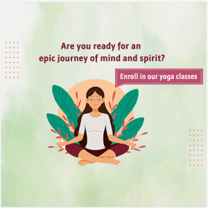 Woman meditating in lotus position with floral background promoting yoga classes.