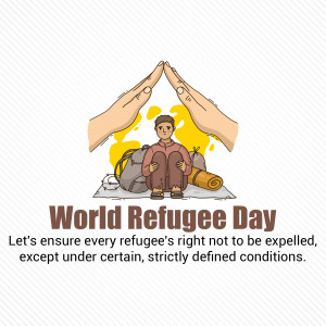 Illustration depicting hands forming a roof over a refugee, with the text 'World Refugee Day'.