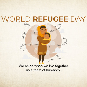 Illustration of a mother and child with a globe and barbed wire, representing World Refugee Day.