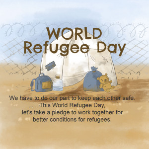 Illustration depicting a refugee tent with belongings, promoting World Refugee Day.