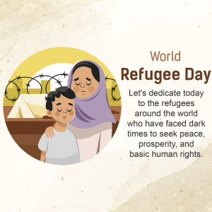 Illustration of a mother and child with a refugee camp in the background, promoting World Refugee Day.