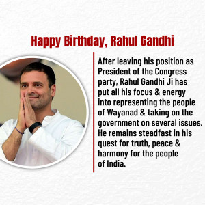 Portrait of Rahul Gandhi with text about his work in Wayanad