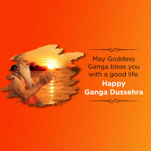 Image depicting a deity with folded hands against a sunset backdrop with text 'May Goddess Ganga bless you with a good life. Happy Ganga Dussehra'.