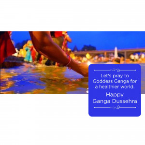 Image of hands offering prayers to the Ganges River with a Dussehra greeting.