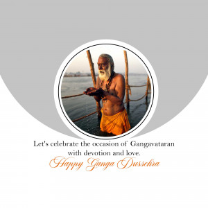 Image of a Sadhu performing rituals in the Ganges River with text celebrating Gangavatarana and Ganga Dusshera.