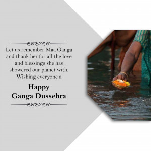 Image depicting a hand releasing a lit diya into the Ganges River with a Ganga Dussehra greeting.