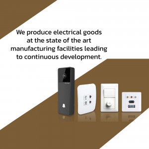 Image of electrical goods including a video doorbell and wall switches with text about manufacturing.