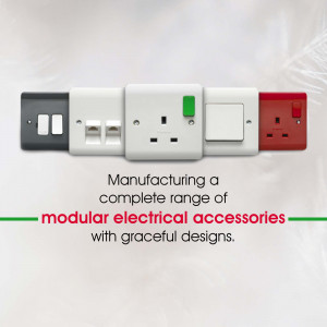 A range of modular electrical wall sockets and switches in black, white, and red.
