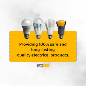 Assortment of LED light bulbs with a yellow background and text promoting safe and quality electrical products.