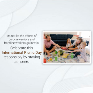 Family enjoying a picnic indoors with a message about celebrating International Picnic Day responsibly during the pandemic.