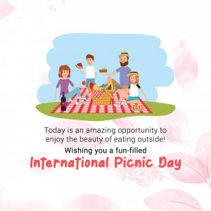 Illustration of a family enjoying a picnic on a red and white checkered blanket.