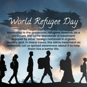 Silhouettes of refugees walking towards the horizon with the text 'World Refugee Day'