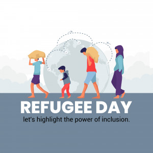 Illustration of a family walking with a globe overhead, promoting Refugee Day and inclusion.
